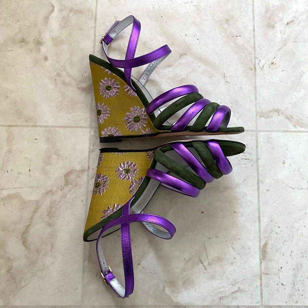 $940 LA DoubleJ Made in Italy Suede Leather Floral Ankle Strap Wedge Sandals 6 - Picture 3 of 13